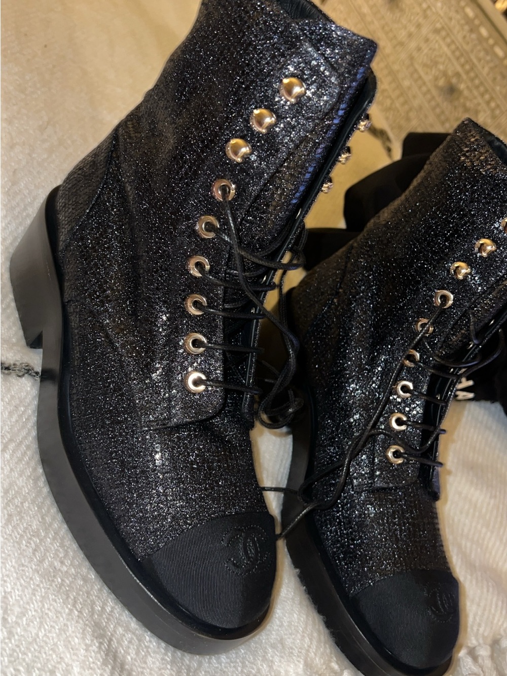 CHANEL Black Glitter Lace-Up Ankle Boots with Gold Eyelets
